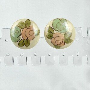 Hand-Painted Floral Round Stud Earrings - Pink & Mint